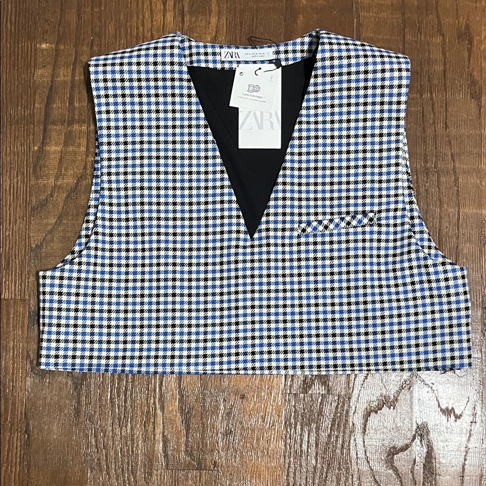 Zara Royal Blue, Black, and White Houndstooth Crop Vest
